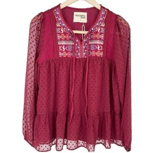 NWT Savanna Jane Red embroidered Peasant Blouse Sheer Sleeves‎